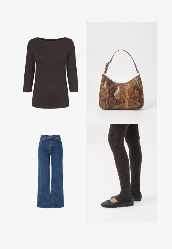 Donkerbruine lange mouwen shirt voor dames met een boothals en een aansluitend silhouet.; Hoge taille blauwe denim jeans met brede pijpen, voorzien van een traditionele vijf-pocket ontwerp, metalen knoopsluiting en contrasterende stiksels.; Benen met donkere geribbelde leggings gecombineerd met zwarte ballerina's met kleine strikdetails op een witte achtergrond.; Kleine handtas met een bruin en zwart slangenprintpatroon, korte verstelbare schouderriem en ritssluiting.