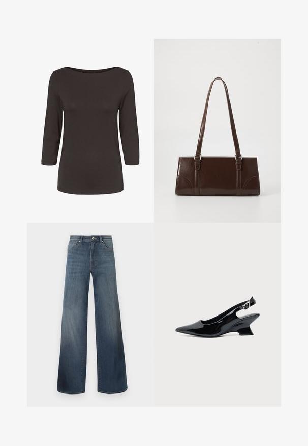 Donkerbruine lange mouwen shirt voor dames met een boothals en een aansluitend silhouet.; Brede denims met wijde pijpen in donkerblauw, met een verwasde afwerking, knoopsluiting en vijf-pocketstijl. Gladde textuur, minimale stikseldetails.; Zwarte lakleren slingback schoen met spitse neus en lage schuine blokhak op een effen lichte achtergrond.; Bruine lakleren handtas met een rechthoekige vorm, twee lange handvatten en subtiele gebogen accenten aan de voorkant.