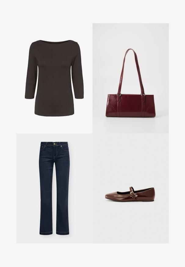 Donkerbruine lange mouwen shirt voor dames met een boothals en een aansluitend silhouet.; Donkerblauwe rechte jeans met vijf zakken en knoopsluiting, plat weergegeven op een lichte achtergrond.; Bruine gepatineerde leren balletschoen met een vierkante neus en een bandje met een kleine gouden gesp. Gladde textuur, lage hak en minimalistisch ontwerp.; Bourgondische handtas van glanzend materiaal, rechthoekige vorm, met twee schouderbanden en subtiele gebogen accenten aan de voorkant.