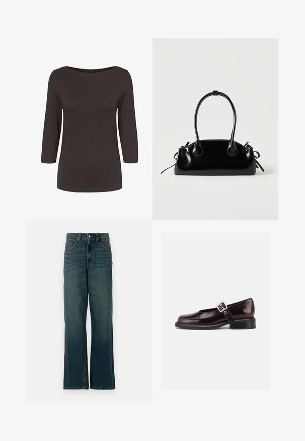 Donkerbruine lange mouwen shirt voor dames met een boothals en een aansluitend silhouet.; Rechtaflopende blauwe denim jeans met vijf zakken en een knoopsluiting, tentoongesteld op een witte achtergrond.; Enkele glanzende donker bordeauxrode Mary Jane schoen met brede band en zilveren gesp, lage blokhak en afgeronde neus op witte achtergrond.; Kleine zwarte glanzende handtas met twee lange hengsels en zijkant trekkoord details op een effen lichte achtergrond.