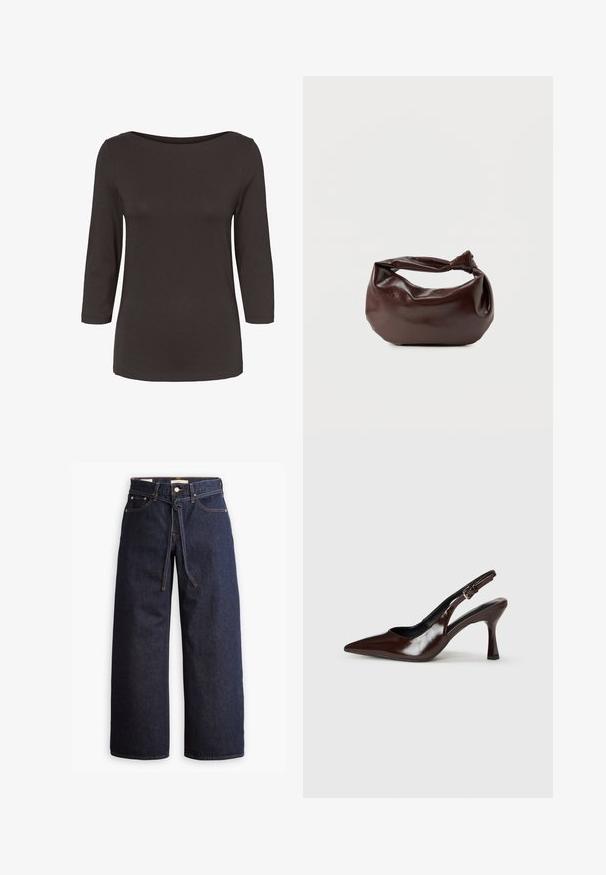 Dame mørkebrune langærmede skjorte med bådhals og figursyet silhuet.; Bredde ben mørkeblå denim jeans med høj talje, der har snoretræk, fem lommer og kontrastsyet detaljer.; Brune patenterede læderslingback-sandaletter med spids tå, en tynd hæl og justerbar rem med en lille spænde.; Mørkebrun læder skuldertaske med en blød, afslappet form og et snoet knudehåndtag på en ensartet hvid baggrund.