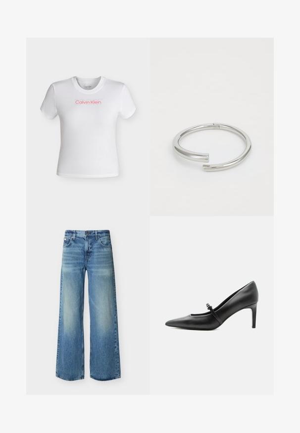 Λευκό cropped t-shirt με κοντά μανίκια και στρογγυλή λαιμόκοψη, με το λογότυπο "Calvin Klein" σε κόκκινο και αχνό κείμενο "SPORT" πάνω από αυτό στο στήθος.; Φαρδιά τζιν παντελόνια σε ανοιχτό μπλε χρώμα με μπροστινό κουμπί και φερμουάρ, τσέπες μπροστά και πίσω, και διακριτικές ξεθωριασμένες λεπτομέρειες στους μηρούς και τα γόνατα.; Μαύρη δερμάτινη γόβα με μυτερή μύτη, λεπτό λουράκι και αγκράφα πάνω από τον κουντεπιέ, που στέκεται σε ουδέτερο ανοιχτό φόντο.; Calvin Klein SPIRAL - Βραχιόλι - silver-coloured