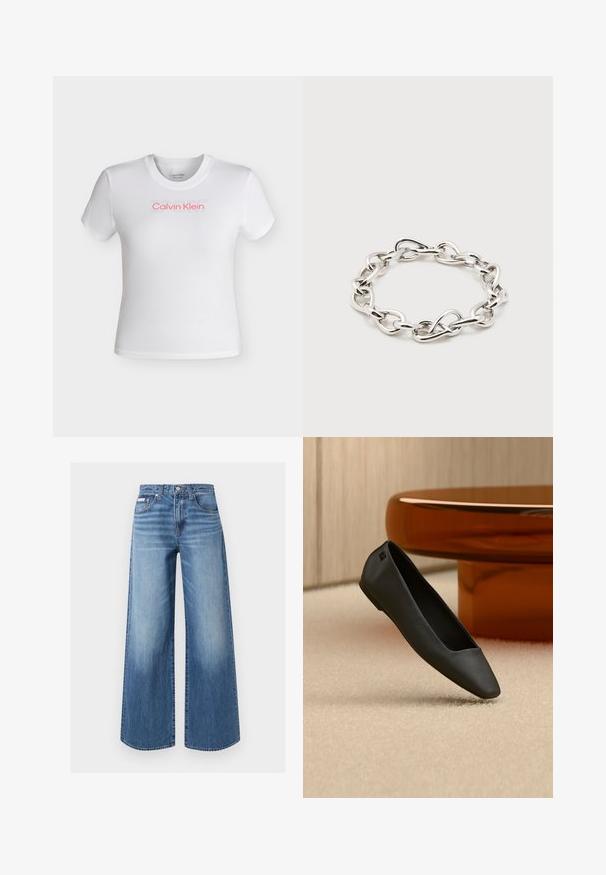 Λευκό cropped t-shirt με κοντά μανίκια και στρογγυλή λαιμόκοψη, με το λογότυπο "Calvin Klein" σε κόκκινο και αχνό κείμενο "SPORT" πάνω από αυτό στο στήθος.; Μπλε τζιν παντελόνι με φαρδιά πόδια, κουμπί και φερμουάρ μπροστά, στυλ με πέντε τσέπες και διακριτικές ξεβαμμένες λεπτομέρειες στους μηρούς και τα γόνατα.; Μαύρο, μυτερό, φλατ παπούτσι ακουμπάει σε μπεζ χαλί κοντά σε στρογγυλό τραπέζι κεχριμπαρένιου χρώματος σε έναν μινιμαλιστικό χώρο.; Βραχιόλι με χοντρή αλυσίδα σε ασημί τόνο με ακανόνιστους οβάλ κρίκους διατεταγμένους σε κυκλικό σχήμα σε απλό λευκό φόντο.