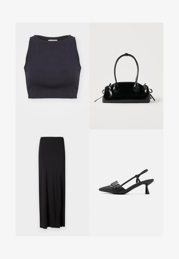 Sort ribbet crop top med rund halsudskæring og uden ærmer. Glat tekstur, tætsiddende form og minimalistisk stil.; Sort maxi nederdel lavet af blødt, strækbart materiale. Har et sideslids og et enkelt, strømlinet design uden udsmykninger.; Simmi London DALA - Pumps - black; Lille sort blank håndtaske med to lange håndtag og snøre-detaljer i siden på en ensfarvet lys baggrund.