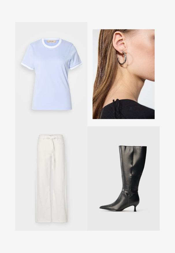 T-shirt bleu clair en tissu doux, avec un col rond bordé de blanc, des manches courtes et un logo en relief sur le devant.; Pantalon blanc à jambes larges avec poches avant et ceinture en tissu nouée à la taille, présenté sur un fond uni.; Botte en cuir noire montant jusqu'au genou, avec un bout pointu et un petit talon bas, présentée sur un fond clair uni.; Boucle d'oreille en argent avec une finition polie, présentant de petits détails en or et de forme ronde, portée sur le lobe.
