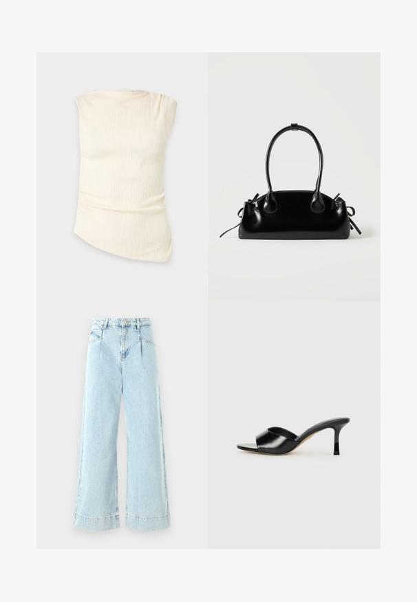 Haut sans manches de couleur crème avec un tissu texturé et un ourlet légèrement asymétrique, affiché sur un fond clair uni.; Jeans larges en denim bleu clair, avec une taille haute, des poches avant et des accents cousus à l'ourlet.; Mules à talons hauts en cuir noir avec un design à bout ouvert et une large sangle supérieure incurvée. Texture lisse et silhouette élégante.; Petit sac à main noir brillant avec deux longues anses et des détails à cordon sur les côtés sur un fond clair uni.