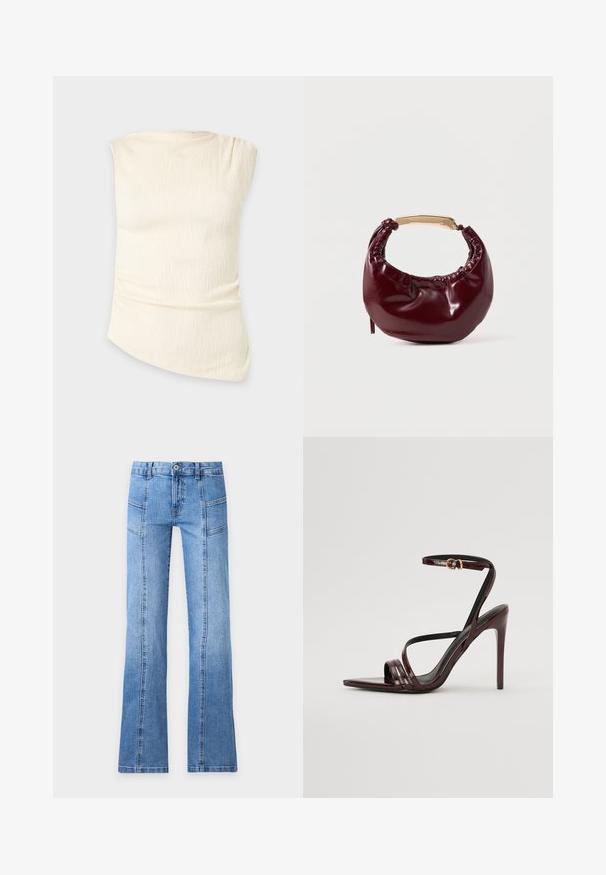 Haut sans manches de couleur crème avec un tissu texturé et un ourlet légèrement asymétrique, affiché sur un fond clair uni.; Jean en denim bleu clair avec taille haute, bouton devant, fermeture éclair, détails de coutures et jambes légèrement évasées sur un fond uni.; Sandale à talons hauts en cuir verni bourgogne avec une bride de cheville, bout pointu et trois bandes horizontales sur le pied. Détail de boucle dorée.; Sac à main en simili cuir bordeaux avec une forme arrondie, des détails froncés et une anse en métal doré. Texture lisse et finition brillante.