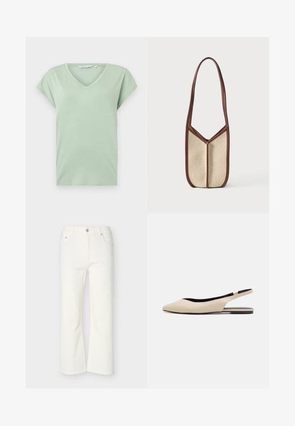 Mintgroene V-hals T-shirt met korte mouwen, gemaakt van zachte stof, met een ontspannen pasvorm en zonder patronen of zichtbare hardware.; Witte cropped flare jeans met knopen- en ritssluiting aan de voorkant, riemlussen, en voor- en achterzakken, getoond tegen een effen achtergrond.; Beige leren slingback ballerina's met een spitse neus, minimalistisch ontwerp, gladde textuur en een lage zwarte zool.; Beige schoudertas met textuur, voorzien van donkerbruine leren biezen en een lange riem, rechtopstaand tegen een effen lichte achtergrond.