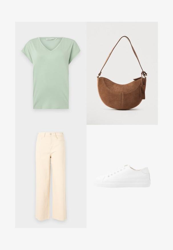 Mintgrøn V-hals T-shirt med korte ærmer, lavet af blødt stof, med en afslappet pasform og uden mønstre eller synlig hardware.; Beige bredde ben jeans lavet af bomuld, med høj talje, knaplukning og to forlommer med en glat, tekstureret overflade.; Hvide kanvas sneakers med lavt design, rund tå, seks snørehuller og en struktureret gummisål. Glat materiale med minimale detaljer.; Brun ruskinds håndtaske med en buet, halvmåneformet silhuet. Har en skulderrem, et lille mærke og synlige sømme langs kanterne.