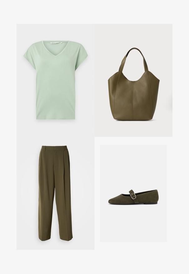 Mintgroene V-hals T-shirt met korte mouwen, gemaakt van zachte stof, met een ontspannen pasvorm en zonder patronen of zichtbare hardware.; Olijfgroene wijde broek van een gladde stof, met een hoge taille, plooien aan de voorkant en zijzakken voor functionaliteit.; Olijfgroene suède Mary Jane platte schoen met zilveren gespsluiting en afgeronde neus, getoond op een witte achtergrond.; Olijfgroene leren tote bag met dubbele straps, een gladde textuur en een ontwerp met vier panelen. Verstevigde stiksels langs de naden voor duurzaamheid.
