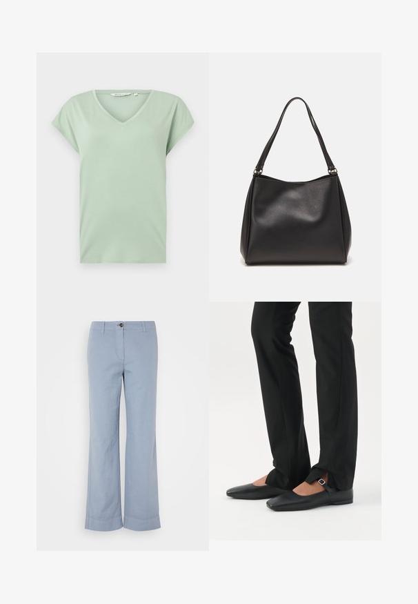 Mintgroene V-hals T-shirt met korte mouwen, gemaakt van zachte stof, met een ontspannen pasvorm en zonder patronen of zichtbare hardware.; Lichtblauwe linnen broek met rechte pijpen, knoopsluiting en opgerolde zoom. Glad textuur, ontworpen voor casual gebruik.; Benen met zwarte smalle broek met voorsplitten aan de zoom, gecombineerd met zwarte platte Mary Jane-schoenen met een klein gespje.; Zwarte synthetische leren handtas met een zachte textuur, hobo-vorm en dubbele schouderbanden; heeft een glanzende afwerking en een minimalistisch ontwerp.