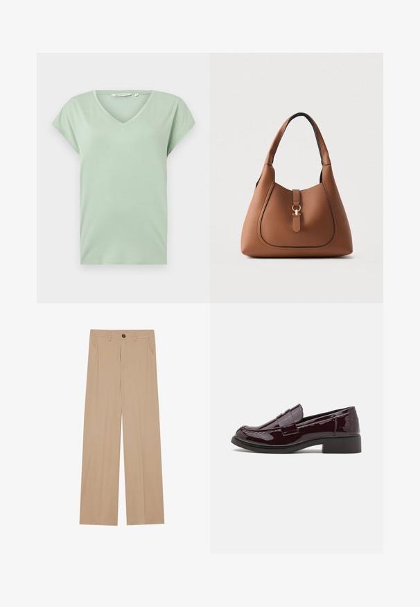 Mintgroene V-hals T-shirt met korte mouwen, gemaakt van zachte stof, met een ontspannen pasvorm en zonder patronen of zichtbare hardware.; Beige wijde broek met een gladde textuur, voorzien van twee zijzakken, een frontale knoopsluiting en subtiele plooien voor een extra detail.; Bordeaux gepatineerd leren instappers met een lage blokhak, voorzien van traditionele stiksels en een bandaccent over de wreef.; Bruine leren handtas met een gestructureerde afwerking, gebogen vorm, enkele schouderband en goudkleurige metalen accenten aan de voorkant.