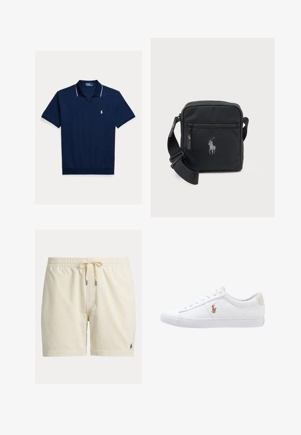 Marineblaues Poloshirt aus Baumwolle, mit V-Ausschnitt, kurzen Ärmeln, weißem Besatz am Kragen und an den Ärmeln sowie einem kleinen Logo auf der Brust.; Beige Cord-Shorts mit elastischem Bund und Kordelzug, mit kleinem dunkel besticktem Logo am unteren linken Bein.; Weiße Leinensneaker im Low-Top-Design mit einem beigen Ferseneinsatz und einem kleinen gestickten Logo an der Seite. Gummisohle.; Kleine schwarze Umhängetasche mit vorderer Reißverschlusstasche, verstellbarem Riemen und besticktem Logo eines Polospielers zu Pferd.