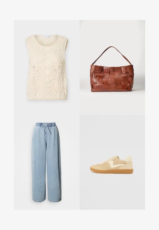 Haut sans manches en maille crochet crème avec motifs floraux et encolure ronde, posé à plat sur un fond blanc.; Pantalon en jean bleu clair à jambes larges avec une taille élastique et un cordon de serrage ; comprend deux poches latérales et des finitions soignées à l'ourlet.; Sneaker beige avec des matériaux en daim et en maille, forme arrondie, col rembourré proéminent et semelle en caoutchouc gomme. Présente un accent de design en forme de vague.; Sac à main en cuir marron avec de larges lanières tissées et une seule bandoulière sur un fond clair uni.
