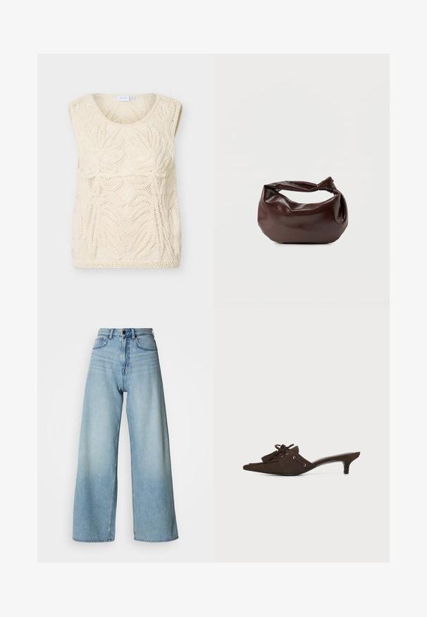 Haut sans manches en maille crochet crème avec motifs floraux et encolure ronde, posé à plat sur un fond blanc.; Jean bleu clair de style taille haute à jambes larges, en denim, avec un design à cinq poches et un délavage subtil pour la texture.; Mule pointue en daim brun foncé avec un petit talon kitten, pampilles décoratives et détail en dentelle sur fond blanc.; Sac bandoulière en cuir marron foncé avec une forme souple et décontractée et une anse nouée torsadée sur un fond blanc uni.