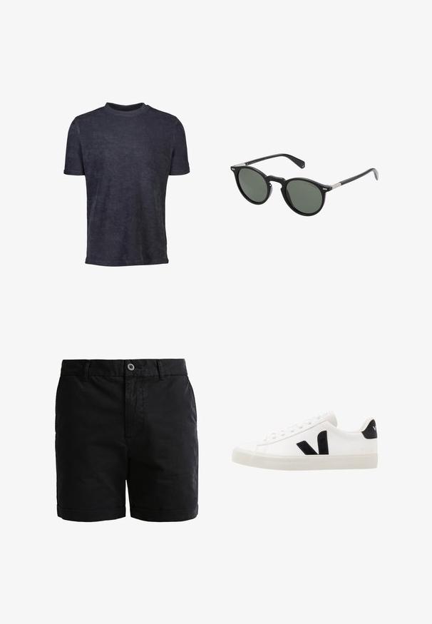 Donkerblauw t-shirt met korte mouwen gemaakt van zachte stof. Heeft een ronde hals en een gladde textuur, met minimale details.; Zwarte katoenen shorts met een gladde textuur, knoopsluiting en opgerolde boorden. Bevat riemlussen en voorkantzakken voor praktische gebruiken.; Witte leren sneaker met zwarte suède accenten; voorzien van een rubberen zool, ronde neus en een klassieke vetersluiting. Zijkant met logo in het zwart.; Ronde zwarte zonnebril met donker groene lenzen, plastic frame en metalen accenten op de tempels. Glad oppervlak, minimalistisch ontwerp.