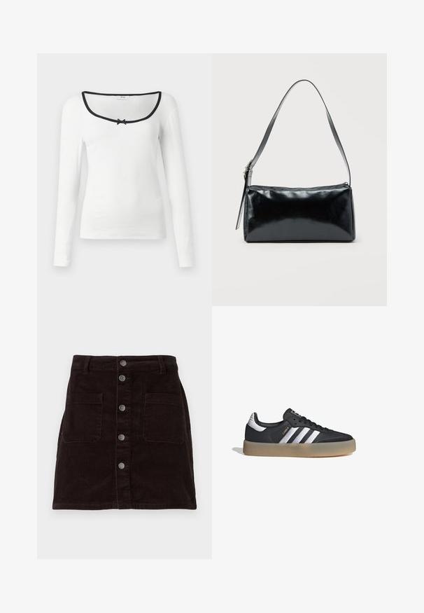 Camisa de manga larga blanca con escote cuadrado, ribete negro y un pequeño lazo negro en el centro. Tejido texturizado acanalado.; Falda de pana marrón con un diseño ajustado, cierre frontal de botones, dos bolsillos laterales y textura acanalada vertical en toda la prenda.; Zapatilla deportiva de cuero negro con tres rayas plateadas, punta texturizada y suela de goma. Cuenta con un collar acolchado y un diseño con cordones.; Bolso de hombro rectangular negro con una correa ajustable y un cierre de cremallera superior sobre un fondo liso.