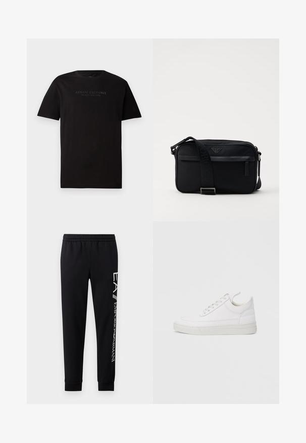 T-shirt en coton noir avec un col rond et des manches courtes. Sur le devant, on trouve un texte en relief "ARMANI EXCHANGE MILANO / NEW YORK".; Pantalons de survêtement noirs en mélange de coton, dotés d'une taille élastique, de jambes fuselées, de poignets côtelés et d'un imprimé logo blanc sur le côté.; Baskets en cuir blanc avec un embout arrondi, une semelle plate et un laçage à l'avant. Présentent des détails de couture et un col rembourré pour plus de confort.; Sac à bandoulière en nylon noir avec une sangle contrastante, une forme rectangulaire élégante, un détail de logo et une poche zippée à l'avant.