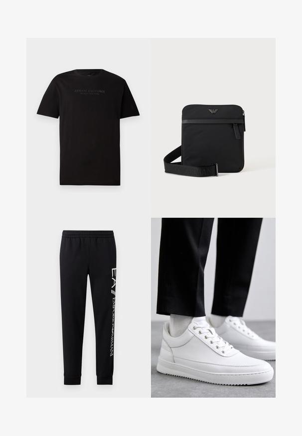 T-shirt en coton noir avec un col rond et des manches courtes. Sur le devant, on trouve un texte en relief "ARMANI EXCHANGE MILANO / NEW YORK".; Pantalons de survêtement noirs en mélange de coton, dotés d'une taille élastique, de jambes fuselées, de poignets côtelés et d'un imprimé logo blanc sur le côté.; Baskets blanches en cuir avec une semelle en caoutchouc plat, présentant une finition lisse, un bout rond et des œillets en métal pour les lacets. Portées avec un pantalon noir.; Sac bandoulière carré noir avec fermeture éclair, poche avant et sangle réglable avec nom de marque embossé.