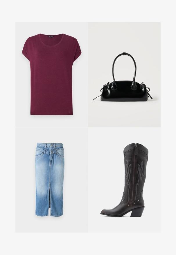 Damen-T-Shirt in Burgunderrot mit kurzen Ärmeln, rundem Ausschnitt und umgeschlagenen Ärmelbündchen vor einfarbigem Hintergrund.; Helles blaues Denim-Rock mit einem Frontschlitz, zwei Knopfverschluss, hoher Taille und klassischem Fünf-Taschen-Design. Glatte Textur, mittellang.; Braune Cowboy-Stiefel aus Leder mit Flammenstickerei, seitlichem Reißverschluss, silbernen Nieten, spitzer Zehenpartie und geschichtetem Absatz.; Kleine schwarze glänzende Handtasche mit zwei langen Griffen und seitlichen Kordelzug-Details vor einfachem hellem Hintergrund.