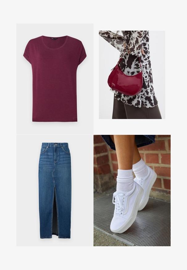Damen-T-Shirt in Burgunderrot mit kurzen Ärmeln, rundem Ausschnitt und umgeschlagenen Ärmelbündchen vor einfarbigem Hintergrund.; Dunkelblaue Jeansrock mit einem Schlitz vorne, hoher Taille und fünf Taschen. Hergestellt aus robustem Denim-Material mit sichtbaren Nähten.; Weiße Leinensneaker mit Gummisohlen, ausgestattet mit sechs Ösen, runder Zehenpartie und dezenten Nähten, kombiniert mit weißen Knöchelsocken.; Frau trägt eine schwarz-weiß gemusterte Bluse und hält eine glänzende rote Schultertasche vor einem einfarbigen Hintergrund.
