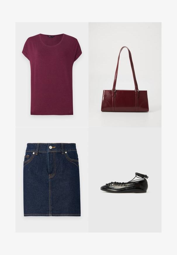 Damen-T-Shirt in Burgunderrot mit kurzen Ärmeln, rundem Ausschnitt und umgeschlagenen Ärmelbündchen vor einfarbigem Hintergrund.; Dunkelblaßer Denim-Rock mit sichtbaren Nähten, Five-Pocket-Design und Knopfverschluss vorne. Gerader Schnitt mit einem sauberen Saum.; Schwarze Ballerinas aus Lackleder mit runder Spitze, Schnürdesign und flacher Sohle. Glatte Textur mit minimaler Verzierung.; Burgunderfarbene Handtasche aus glänzendem Material, rechteckige Form, mit zwei Schulterriemen und subtilen, geschwungenen Akzenten an der Vorderseite.