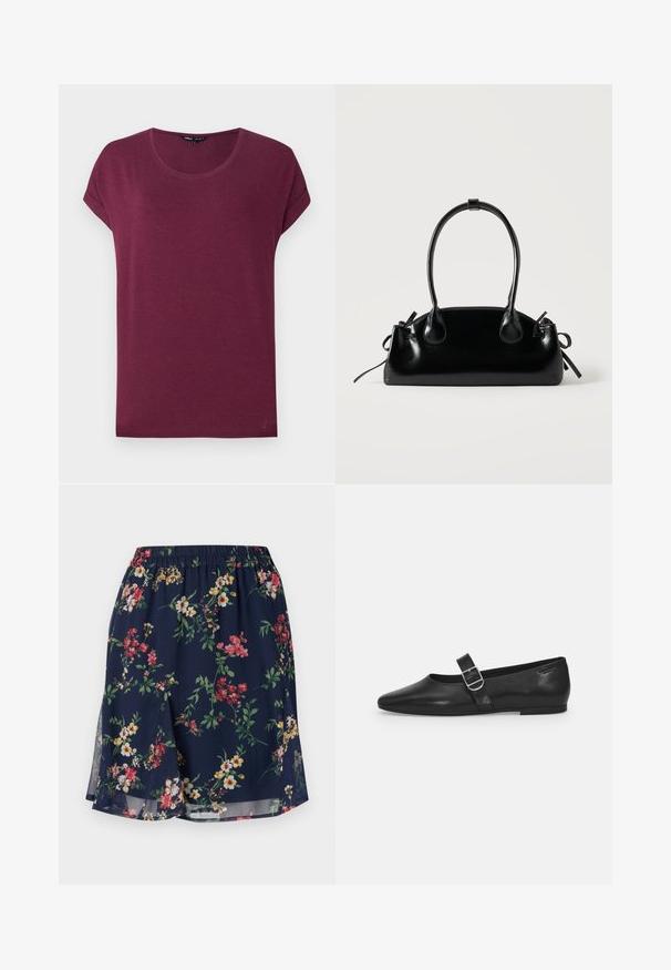 Bordeauxrød t-shirt til kvinder med korte ærmer, rund halsudskæring og opbukket ærmekant på ensfarvet baggrund.; Blomsterkjole med elastisk talje, der har en marineblå baggrund pyntet med røde, gule og grønne blomstermønstre. Letvægtsstof.; Sorte læder flade sko med rund tå, et enkelt justerbart spænde og en glat, blank overflade. Minimalistisk design med en lav hæl.; Lille sort blank håndtaske med to lange håndtag og snøre-detaljer i siden på en ensfarvet lys baggrund.