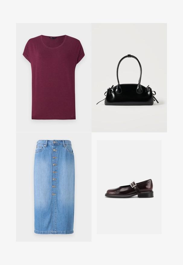 Bordeauxrode dames t-shirt met korte mouwen, ronde hals en opgerolde mouwboorden op een effen achtergrond.; Blauwe denim midi-rok met een rechte snit, voorzien van een sluiting met knopen aan de voorkant, vijf zakken en een vervaagde wassing voor textuur.; Enkele glanzende donker bordeauxrode Mary Jane schoen met brede band en zilveren gesp, lage blokhak en afgeronde neus op witte achtergrond.; Kleine zwarte glanzende handtas met twee lange hengsels en zijkant trekkoord details op een effen lichte achtergrond.
