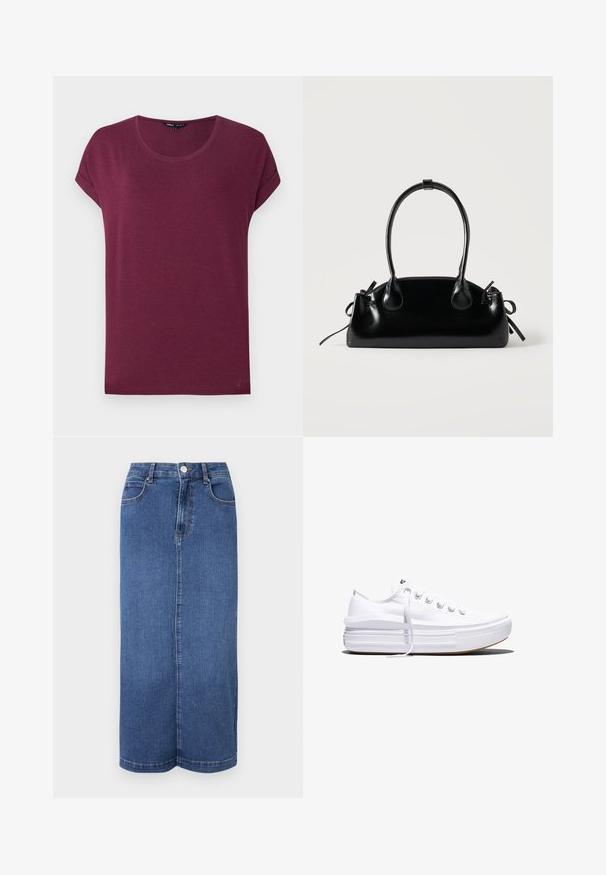 Bordeauxrode dames t-shirt met korte mouwen, ronde hals en opgerolde mouwboorden op een effen achtergrond.; Denim maxi rok in donkerblauw, met een rechte snit, een tailleband met knoopsluiting en minimale stikdetails.; Witte lage canvas sneaker met dikke plateauzool, veters aan de voorkant en rubberen toeskap met structuur, zijaanzicht.; Kleine zwarte glanzende handtas met twee lange hengsels en zijkant trekkoord details op een effen lichte achtergrond.