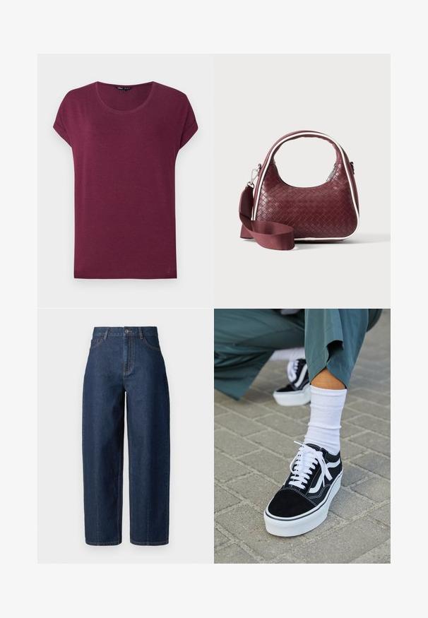 Damen-T-Shirt in Burgunderrot mit kurzen Ärmeln, rundem Ausschnitt und umgeschlagenen Ärmelbündchen vor einfarbigem Hintergrund.; Dunkelblaue, hochgeschnittene Straight-Leg-Jeans aus Denim mit Knopfverschluss, Gürtelschlaufen sowie Vorder- und Gesäßtaschen auf einem weißen Hintergrund.; Schwarze Wildledersneaker mit weißen Akzenten und Schnürsenkeln, ausgestattet mit einer dicken weißen Sohle und kontrastierenden Nähten, kombiniert mit einer weißen Socke.; Dunkelrote gewebte Ledertasche mit gebogenem Griff, weißem Besatz, silbernem Reißverschluss und abnehmbarem breitem Stoff-Schulterriemen vor einfarbigem Hintergrund.