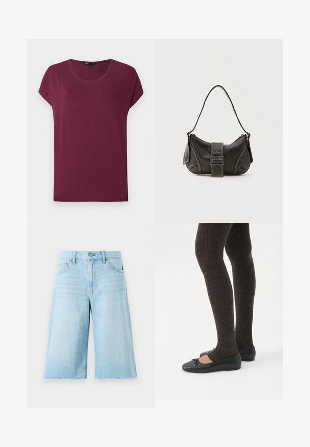 Bordeauxrode dames t-shirt met korte mouwen, ronde hals en opgerolde mouwboorden op een effen achtergrond.; Lichtblauwe denim shorts met een losse pasvorm, een rafelige zoom, vijf zakken en metalen hardware. Klassiek jeansontwerp met subtiele vervaging.; Benen met donkere geribbelde leggings gecombineerd met zwarte ballerina's met kleine strikdetails op een witte achtergrond.; Zwarte leren schoudertas met gespsluiting aan de riem, afgeronde hoeken en contrasterende witte stiksels op een effen achtergrond.