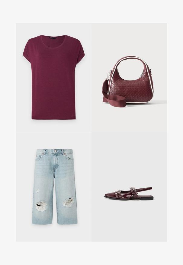 Bordeauxrode dames t-shirt met korte mouwen, ronde hals en opgerolde mouwboorden op een effen achtergrond.; Lichtblauwe denimshorts met een losse pasvorm, voorzien van twee grote versleten scheuren aan de voorkant. Vijf zakken en een zichtbare metalen knoopsluiting.; Bordeaux glanzend leren slingback platte schoen met een puntige neus, uitgerust met decoratieve banden met metallic accenten.; Donkerrode geweven leren handtas met gebogen handvat, witte bies, zilveren rits en afneembare brede stoffen schouderriem tegen een effen achtergrond.