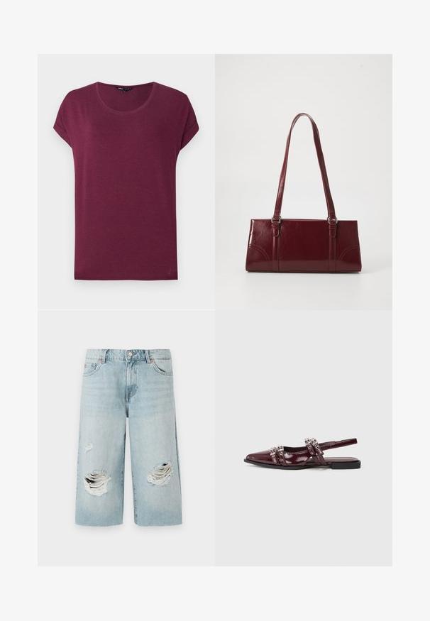 Bordeauxrød t-shirt til kvinder med korte ærmer, rund halsudskæring og opbukket ærmekant på ensfarvet baggrund.; Lyseblå denimshorts med løs pasform, der har to store slidte huller foran. Fem lommer og en synlig metalknaplukning.; Bordeaux patentlæder slingback flad sandal med spids tå, der har dekorerede remme med metalliske detaljer.; Bordeaux håndtaske lavet af glansfuldt materiale, rektangulær form, med to skulderremme og subtile buede detaljer på forsiden.