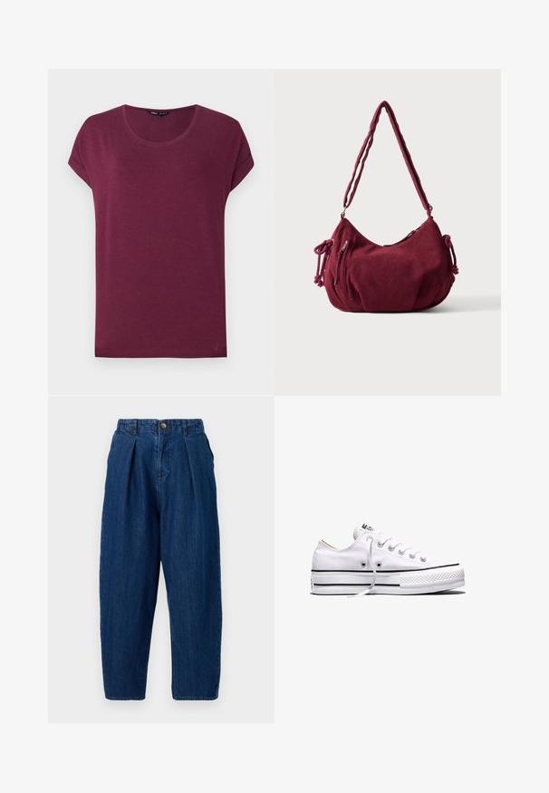Bordeauxrode dames t-shirt met korte mouwen, ronde hals en opgerolde mouwboorden op een effen achtergrond.; Donkerblauwe denimbroek met een ontspannen pasvorm, met plooien aan de voorkant, een knoopsluiting en taps toelopende pijpen.; Witte lage canvas sneaker met witte veters, zwarte strepen op de zool en een rubberen, getextureerde neuskap, zijaanzicht op een witte achtergrond.; Zachte kastanjebruine corduroy schoudertas met verstelbare band, ritssluiting, zijstrikjes en een voorvak met rits.