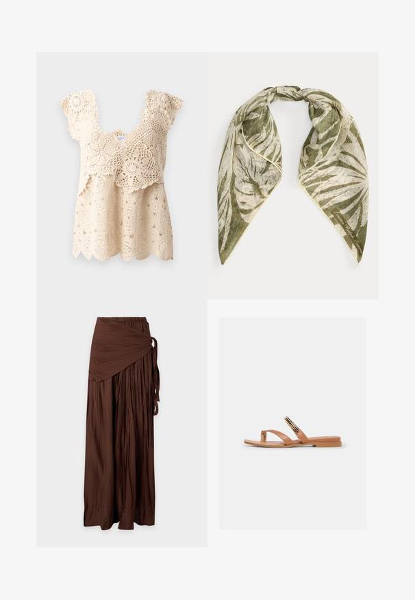 Haut en crochet beige avec un ourlet festonné, des motifs floraux et des manches courtes à volants. Comprend des détails en dentelle délicats tout au long du tissu.; Longue jupe plissée marron avec détail portefeuille et fermeture par lien sur le côté, en tissu léger, présentée sur fond blanc.; Sandale plate beige avec boucle d'orteil et deux brides, dont une ornée d'une boucle ovale dorée et noire.; Écharpe vert clair et beige avec motif abstrait de feuilles, nouée doucement en haut, avec un élégant logo en écriture dans un coin.