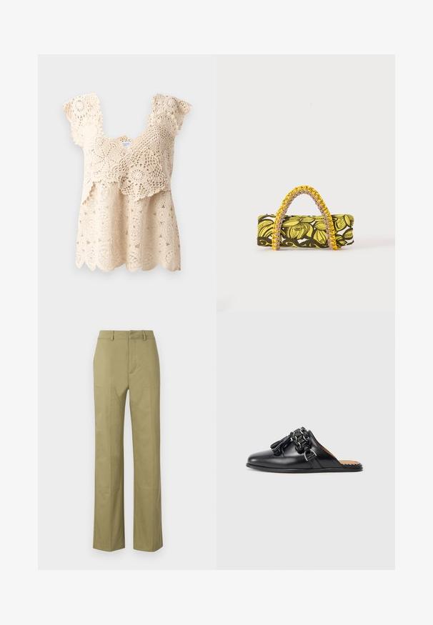 Beige haaktop met golvende zoom, bloemenpatronen en korte, gerimpelde mouwen. Kenmerkt zich door ingewikkelde kantdetails door de stof heen.; Khaki broek van een katoenmix, met een rechte pijp, zichtbare naden en zakken aan de voorkant.; Zwarte leren instapschoenen met een ronde neus, voorzien van een gevlochten kettingaccent en franjes. Glad oppervlak en platte zool.; Rechthoekige tas met geel-zwart bloemenpatroon en gevlochten geel-roze handvat op witte achtergrond.