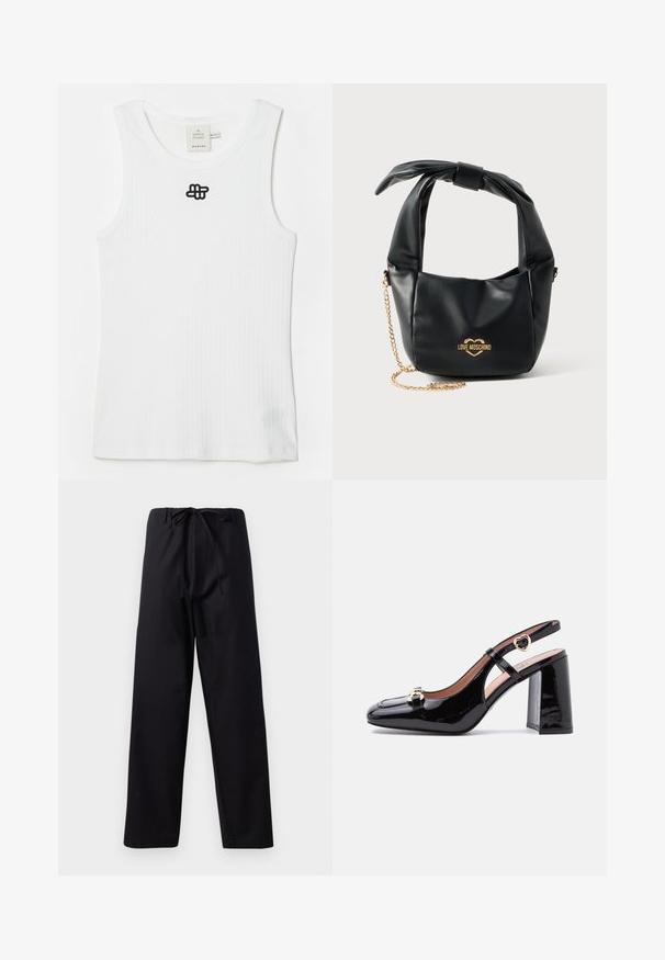 Débardeur blanc à côtes en coton, avec un col rond et un logo brodé noir en haut à gauche. Design simple, sans manches.; Pantalons noirs de poids moyen avec une taille à cordon, design à jambe droite et sans motifs ni accents visibles. Texture lisse.; Escarpin slingback en cuir verni noir avec bout carré, talon bloc, boucle dorée en forme de cœur sur la bride, et ornement doré décoratif à l’avant.; Sac à main Love Moschino en cuir noir souple avec poignée nouée et bandoulière chaîne dorée sur fond blanc.