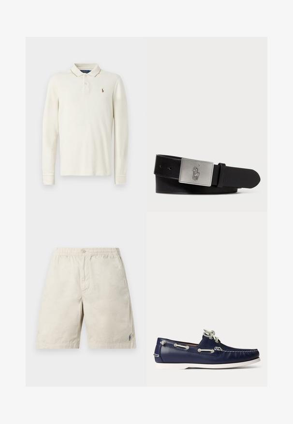 Pikkade varrukatega polo särk hebevalgest puuvillast, millel on sooniku kaelus, kolm nuppu ja väike brodeeritud logo rinnal.; Beežid vabamad lühikesed püksid elastse elastse vöökohaga, ees nööpidega kinnitatav ja väike sinine tikitud logo vasaku jala ääres.; Tumesinist nahast paatjalanõud valgete paelte ja õmblustega, valge kummist tallaga ja metallist silmadega heledal taustal.; Must mustra nahkavöö, millel on ristküliku kujuline hõbedane metallist pandla, millel on reljeefne hobusemehe logo, sile pind ja viis vööauku.