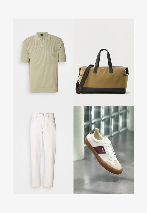 Lichtgroene geribbelde polo met korte mouwen, voorzien van een knoopsluiting en een platte kraag. Zachte gebreide textuur met een snug fit.; Witte denim jeans met een rechte pasvorm, voorzien van gestikte naden, een metalen knoopsluiting en een standaard vijf-pocket constructie.; Witte lage sneaker met bruine zool, kastanjebruine streep met het label "BOSS", beige accenten bij de neus en zwarte hiel, zwevend boven een grijze vloer.; Grote duffelbag in tan en zwart met zwarte leren handvaten en afneembare schouderriem, rechthoekige vorm, BOSS-logo aan de voorkant.