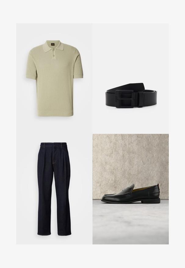 Heled rohkearoheline lühikeste varrukatega polo särk, millel on nööpidega plisseering ja lamedat kraed. Pehme kudumitekstuur ja tihe sobivus.; Tumedast sinine laiad säärtega teksapüksid, millel on ees voltide ja oranži õmblused, esitatud valgel taustal.; Meeste mustast nahast mokassiin, mille pealiskihil on krokodillinahast muster ja madal konts, esitletud profiilis neutraalsel taustal.; Mustast nahast vöö, millel on matt viimistlus, neljakujuline metallist klamber ja siledad pinnad. Lihtne disain, ilma mustrite või aktsentideta.