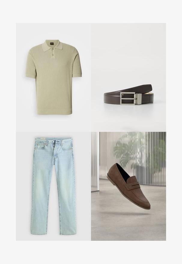 Hellgrünes, geripptes Polohemd mit kurzen Ärmeln, das über eine knöpfbare Blende und einen flachen Kragen verfügt. Weiche Strickstruktur mit körpernahem Schnitt.; Helle blaue Denim-Jeans mit geradem Schnitt, fünf Taschen, Knopfverschluss und dezentem Verblassen. Mit Steppdetails und Kupfennieten.; Braune Wildleder-Slipper mit glatter Oberfläche, gesteppten Details und abgerundetem Zehendesign. Erhöhter Absatz und Schlupf-Design.; Brauner Ledergürtel mit glatter Textur, rechteckiger silberner Metallschnalle und dezentem Branding am Riemen.