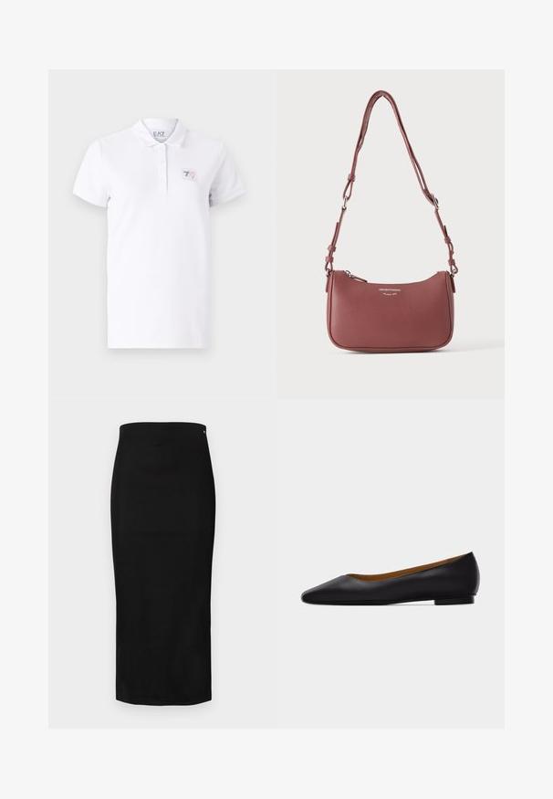 Polo shirt blanc en coton avec une patte de boutonnage à deux boutons. Il présente un petit patch logo imprimé sur la poitrine gauche et des manches courtes.; Jupe crayon noire en tissu lisse, présentant une silhouette ajustée, une longueur au genou, et un petit logo de marque près de la ceinture.; Chaussure plate en cuir noir à bout pointu avec talon bas et finition lisse, vue de côté sur un fond gris clair.; Petit sac à bandoulière en cuir mauve texturé avec sangle réglable et fermeture éclair argentée, arborant le logo Emporio Armani Milano 1981 sur le devant.