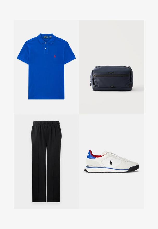 Blaues kurzärmeliges Polohemd mit zwei Knöpfen, Kragen und kleinem roten gestickten Logo auf der linken Brust.; Schwarze Hose aus weichem Material mit elastischem Bund, geradem Schnitt und zwei Seitentaschen. Verfügt über eine verdeckte Nahtverarbeitung.; Weißer Sneaker mit glatter Leder- und Textiloberfläche, mit blauen und roten Akzenten, einer schwarzen Sohle und einem kleinen Logo an der Seite.; Kompakte, marineblaue BOSS Kulturtasche mit vorderer Reißverschlusstasche und schwarzem Reißverschlussanhänger vor einfachem hellem Hintergrund.
