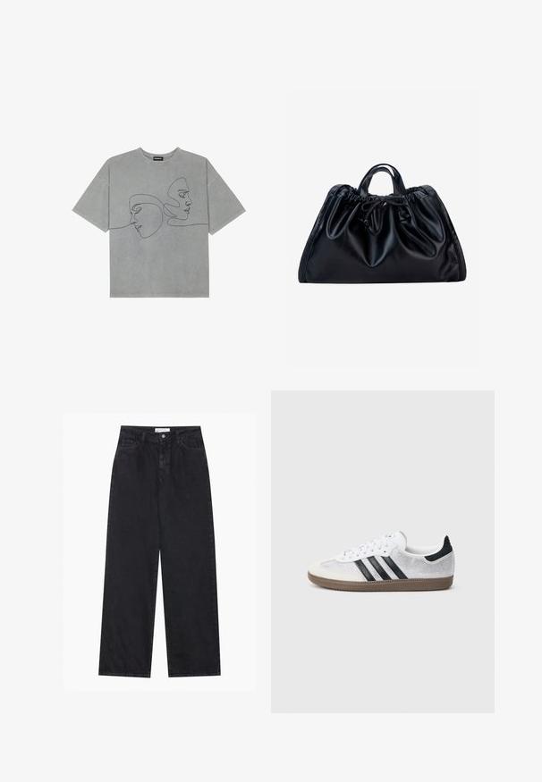 T-shirt en coton gris à manches courtes, présentant un dessin minimaliste en ligne noire de deux visages sur le devant, un col rond et une coupe décontractée.; Jeans en denim noirs taille haute à jambes larges avec fermeture à bouton et zip à l'avant, passants de ceinture et style à cinq poches.; Baskets en mesh blanc avec des rayures noires, un embout en daim beige et un accent sur le talon, semelle en caoutchouc texturée, et lacets blancs. Design classique à tige basse.; Sac à main en cuir noir avec haut froncé, petites poignées doubles et fermeture par cordon noué au centre devant sur fond blanc.