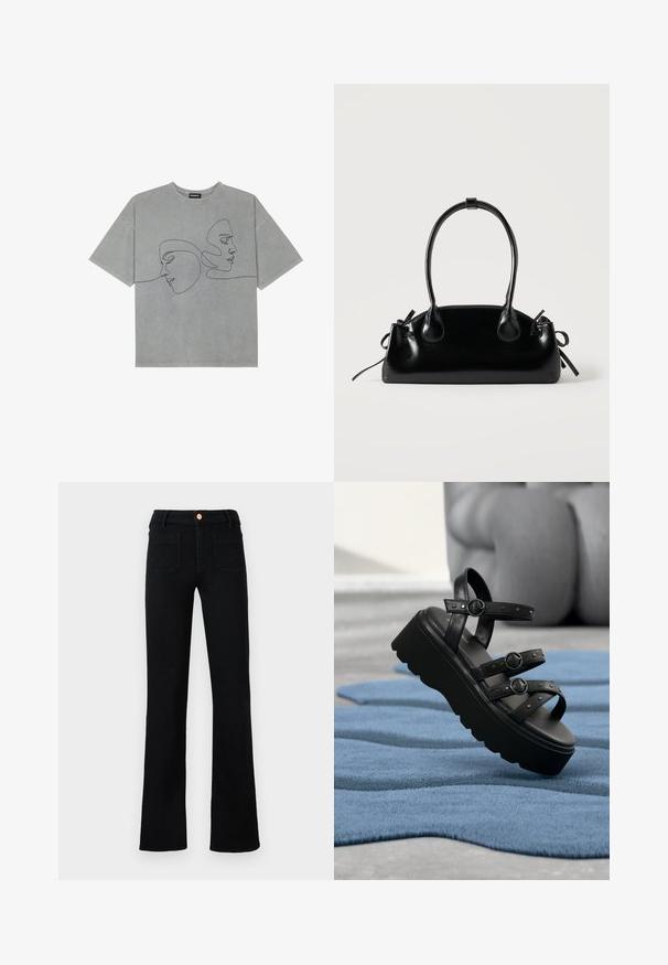 Grijze katoenen T-shirt met korte mouwen, voorzien van minimalistische zwarte lijntekeningen van twee gezichten op de voorkant, ronde halslijn en een ontspannen pasvorm.; Zwarte hoge taille straight-leg jeans met voorzakken en een koperen knoopsluiting op een neutrale achtergrond.; Zwarte platformsandaal met drie verstelbare riemen met gespen, geplaatst op een gestructureerd blauw tapijt met een wazige achtergrond.; Kleine zwarte glanzende handtas met twee lange hengsels en zijkant trekkoord details op een effen lichte achtergrond.