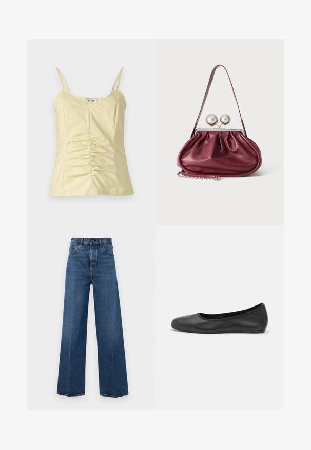 Helles gelbes ärmelloses Top mit verstellbaren Trägern und gerafften Details an der Vorderseite. Hergestellt aus einem strukturierten Stoff mit V-Ausschnitt.; Helleblauwe High-Waist-Jeans mit weitem Bein aus Denim, mit Vordertaschen und Kontrastnähten. Der Stoff hat eine glatte Textur.; Schwarze Leder-Ballettschuhe mit abgerundeter Spitze, glatter Textur, minimalen Nähdetails und einem flexiblen Sohlen-Design.; Kleine burgunderrote Lederhandtasche mit gerafften Details, einem dünnen Riemen und einem silbernen Verschluss mit zwei großen runden Knöpfen.