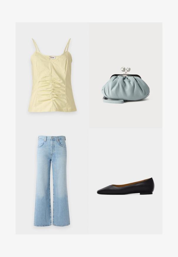 Lichtgele mouwloze top met verstelbare bandjes en geplooide details aan de voorkant. Gemaakt van een gestructureerde stof, met een V-hals.; Lichtblauwe flared jeans van denim met een hoge taille, vijf zakken en subtiele vervaging bij de zoom. Voorzien van een standaard tailleband en knoopsluiting.; Zwarte leren puntschoen met lage hak en gladde afwerking, zijaanzicht op een lichtgrijze achtergrond.; Kleine lichtblauwe leren muntenportemonnee met zilverkleurige metalen kiss-lock sluiting en kort polsbandje op een effen achtergrond.