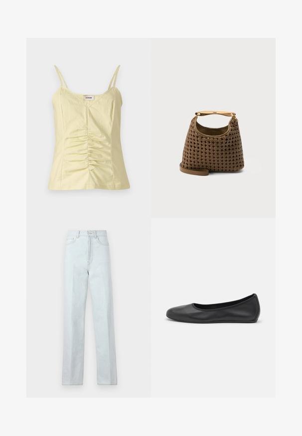 Lichtgele mouwloze top met verstelbare bandjes en geplooide details aan de voorkant. Gemaakt van een gestructureerde stof, met een V-hals.; Lichtblauwe denim wijdte jeans met een hoge taille, voorzien van een ritssluiting aan de voorkant, knoopsluiting en een klassieke vijfzakkenontwerp.; Zwarte leren ballerina met een ronde neus, gladde textuur, minimale stikdetails en een flexibele zoolontwerp.; Bruine gevlochten lederen handtas met gouden gebogen bovenhandvat en afneembare schouderriem op effen achtergrond.