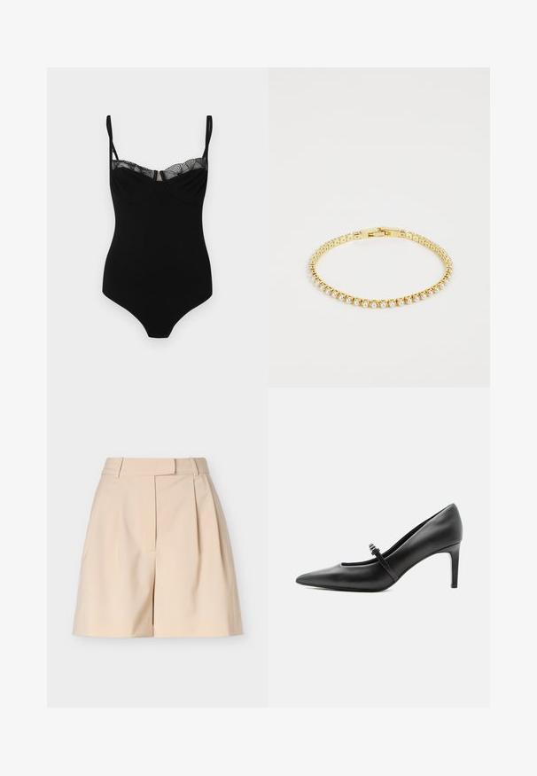 Bodysuit noir avec bretelles réglables, présentant une bordure en dentelle le long de l'encolure, une texture sans couture et une coupe ajustée.; Shorts beige taille haute, cintrés, avec passants pour ceinture, plis devant et fermeture avant dissimulée, présentés sur fond blanc.; Escarpin noir en cuir à bout pointu avec une fine bride et une boucle sur le cou-de-pied, posé sur un fond clair neutre.; Bracelet en or avec un design flexible, orné de perles blanches rondes et d'accents en or carrés. Fermoir visible en haut.