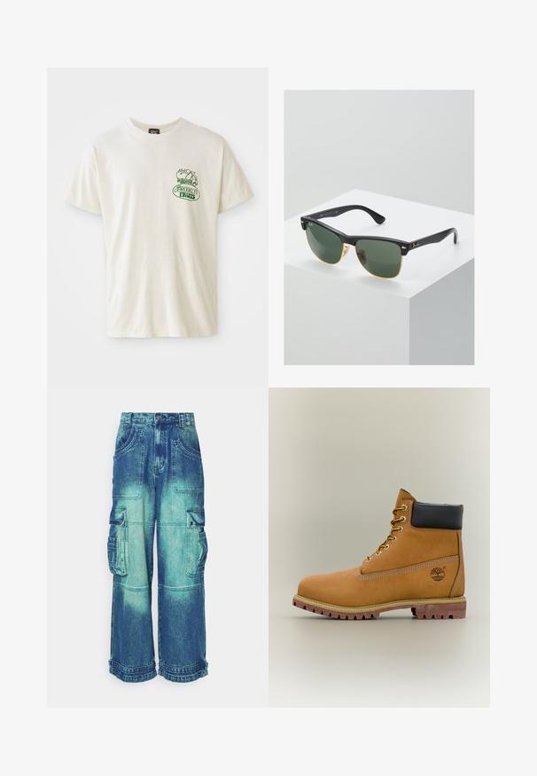Korte mouwen crème t-shirt van katoen. Voorzien van een groene "Brooklyn Fruits" graphic met een mand vol producten en een klein vrachtwagenontwerp.; Denim cargobroek in een gradient blauw, met meerdere zakken, wijde pijpen en een rafelige zoom. Gemaakt van stevig materiaal met zichtbare stiksels.; Bruine leren enkellaars met zwarte kraag, gele veters en een zandkleurige zool. Voorzien van een logo en witte stikseldetails. Robuuste loopzool met grip.; Ray-Ban zonnebrillen met groene lenzen, zwarte plastic monturen en gouden accenten aan de randen. Vierkante vorm met een matte afwerking.